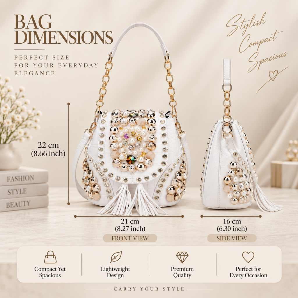 White Embellished Pearl & Gold Beardwork  Handbag