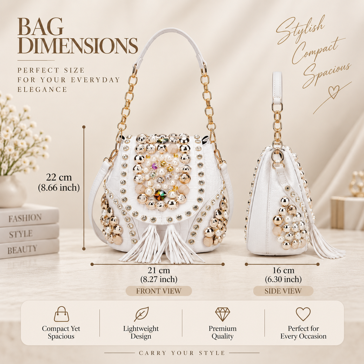 White Embellished Pearl & Gold Beardwork  Handbag